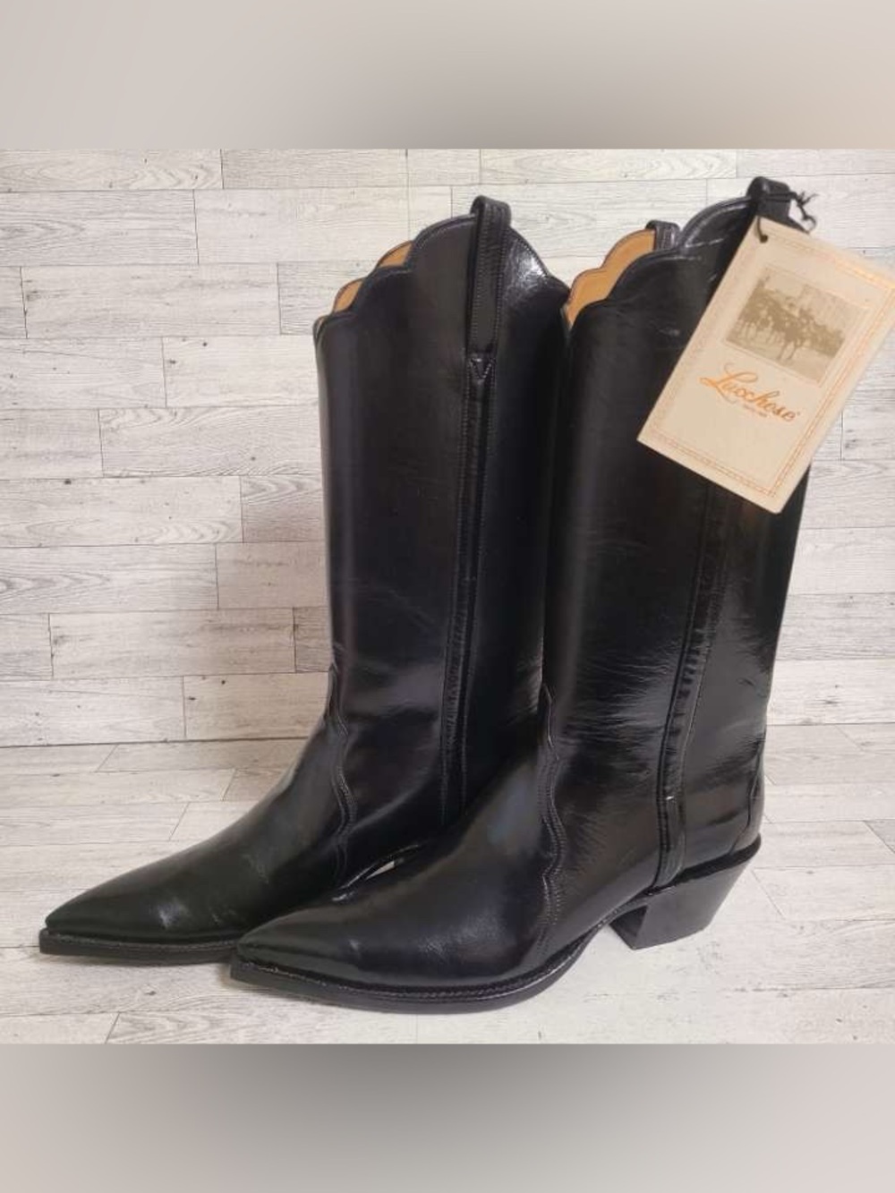 Lucchese Black Leather Pointed-Toe Heeled Boots - 8.5/9